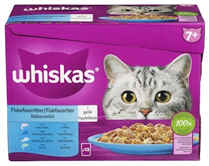 Whiskas 7+ Fish Selection Våtfôr til Eldre Katter med Laks, Tunfisk, Torsk og Hvitfisk i Gelé 12 x 100g