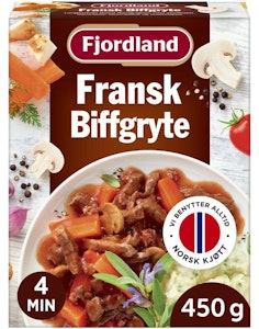 Fjordland Fransk Biffgryte Med storfekjøtt, baconbiter, rødvinssaus og potetstappe