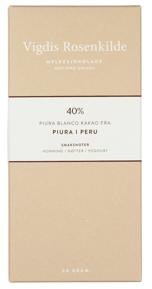 Vigdis Rosenkilde Piura 40% Melkesjokolade med Quinoa