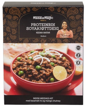 Bilde: © MasalaMagic / Oda MasalaMagic Proteinrik soyakjøttdeig Indisk middags-kit med basmatiris og mango chutney