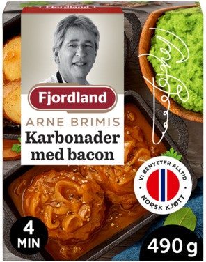 Bilde: © Fjordland / Oda Fjordland Brimis Karbonader med Bacon I brun saus med sjalottløk, grønn ertepuré og skivede poteter