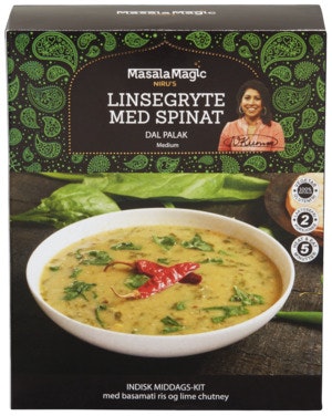 Bilde: © MasalaMagic / Oda MasalaMagic Linsegryte med spinat Indisk middags-kit med basmariris og lime chutney