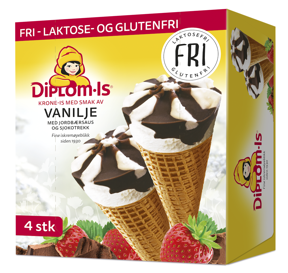 Diplom-Is Krone-Is Sjokolade & Jordbær FRI 4 stk