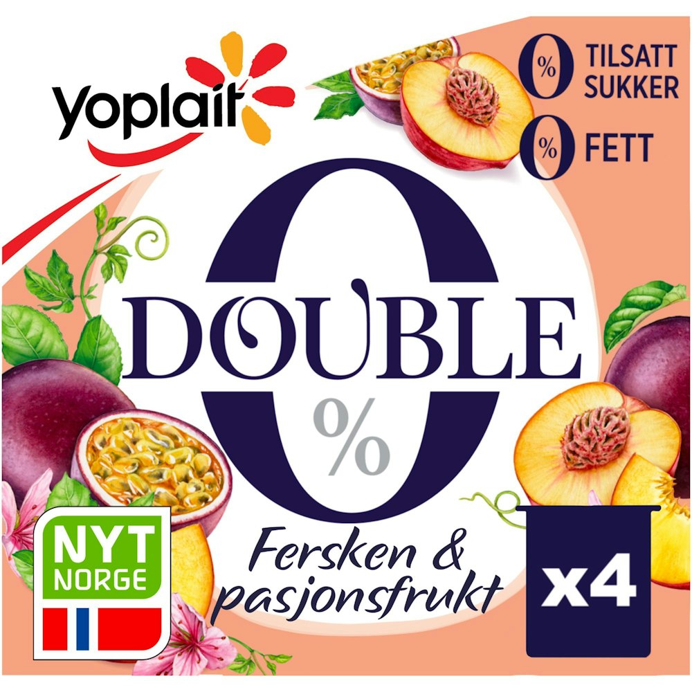 Yoplait Double 00% Fersken&Pasjon, 4x125g, 500 g