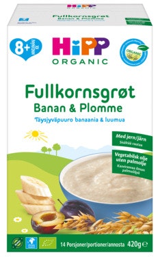 Bilde: © Hipp / Oda Hipp Fullkornsgrøt med Banan & Plomme Fra 8 mnd, Økologisk, 14 porsjoner