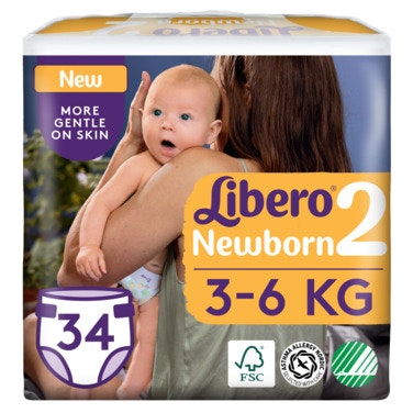 Libero Newborn Åpen Bleie Str. 2, 3-6kg, 34 stk
