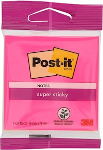 Post-It Blokk, 4 Assorterte Farger Super Sticky Notes 76x76mm