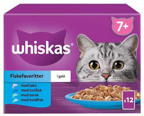 Whiskas Whiskas 7+ Fish Selection Våtfôr til Eldre Katter med Laks, Tunfisk, Torsk og Hvitfisk i Gelé 12 x 100g