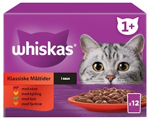 Whiskas 1+ Selection Våtfôr til Voksne Katter med Kylling, Okse, Lam og Fjærkre i Saus 12 x 100g
