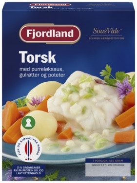 Bilde: © Fjordland / Oda Fjordland Torsk i Purreløksaus Gulrøtter og Poteter