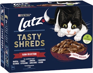 Latz Kattmat Tasty Shreds Oxkött/Kyckling/Anka/Kalkon 960g Latz