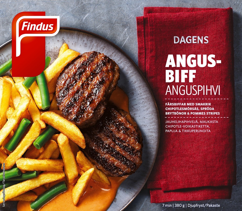 Findus Grillad Angusbiff med Pommes Stripes Fryst Findus