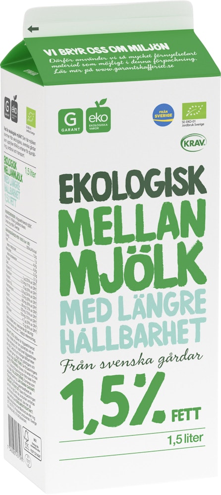 Garant Eko Mellanmjölk Lite Längre Hållbarhet 1.5%  EKO/KRAV 1,5L Garant Eko