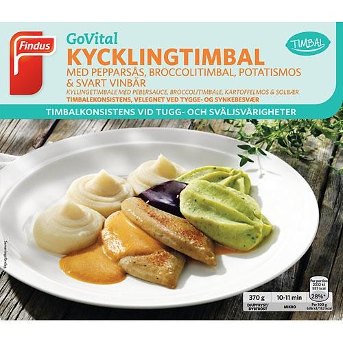 Findus Kycklingtimbal med Pepparsås, Broccolitimbal, Potatismos & Svart Vinbär Fryst Findus