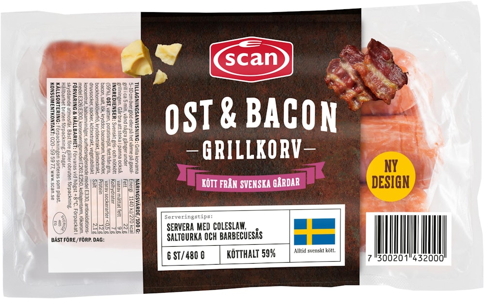 Scan Grillkorv Bacon & Ost 6-p 480g Scan