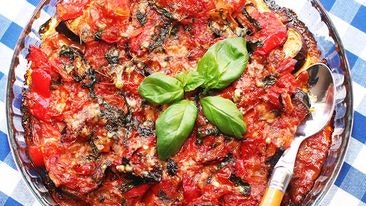 Quornfilé och rostad aubergine med tomat- och paprikatäcke 