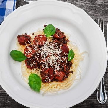 Spaghetti med chorizo och linser