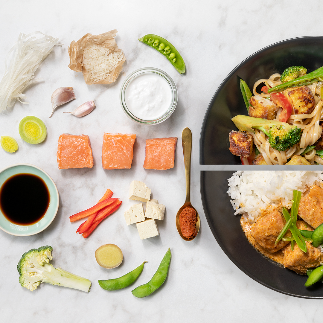 Asiatisk tofuwok med risnudlar + Röd currygryta med lax
