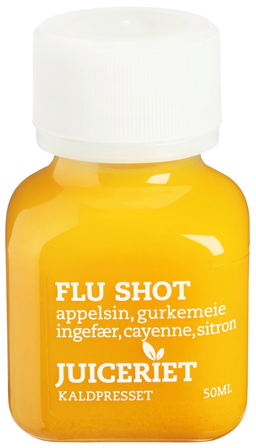 Bilde: © Juiceriet / Kolonial.no Juiceriet Flu Shot Appelsin, Gurkemeie, Ingefær, Cayenne & Sitron, 80 ml