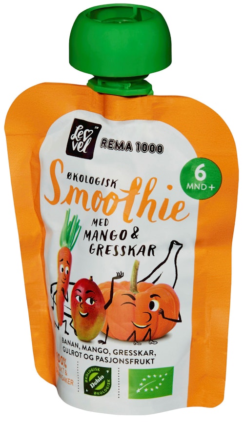 Bilde: © REMA 1000 / Kolonial.no REMA 1000 Lev Vel Smoothie Mango & Gresskar Fra 6 mnd, 90 g