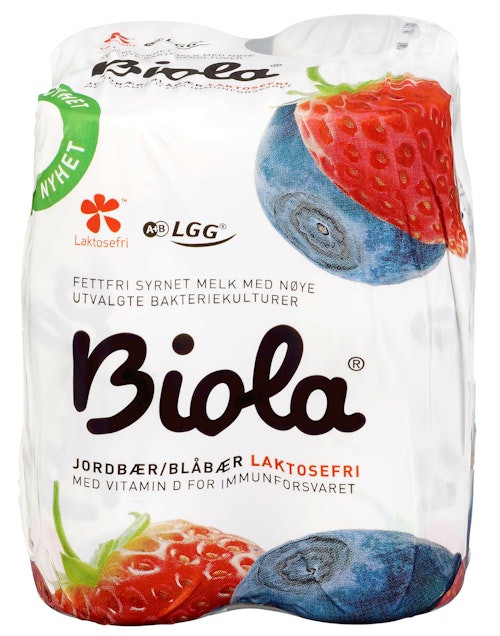 Bilde: © Tine / Kolonial.no Tine Biola Mini Laktosefri Jordbær og Blåbær 4x100g, 4 dl