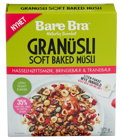 Bilde: © Bare Bra / Kolonial.no Bare Bra Granusli Hasselnøttsmør, Bringebær & Tranebær 375 g