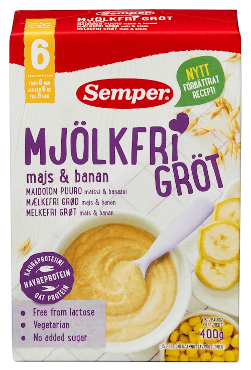 Bilde: © Semper / Kolonial.no Semper Melkefri Grøt Mais & Banan Fra 6 mnd, 400 g