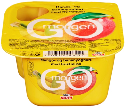 Bilde: © Tine / Kolonial.no Tine Go' Morgen Mango- og banan med fruktmüsli, 195 g