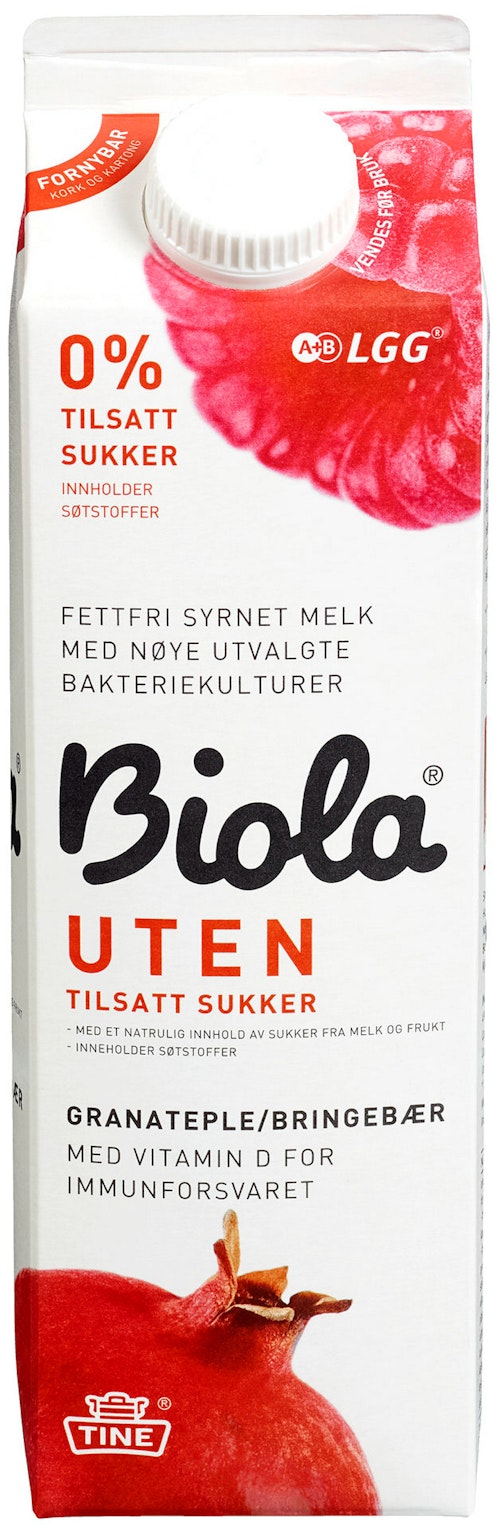 Bilde: © Tine / Kolonial.no Tine Biola Granateple & Bringebær Zero 1 l