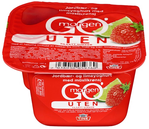 Bilde: © Tine / Kolonial.no Tine Go'morgen Jordbær & Lime Uten, 190 g