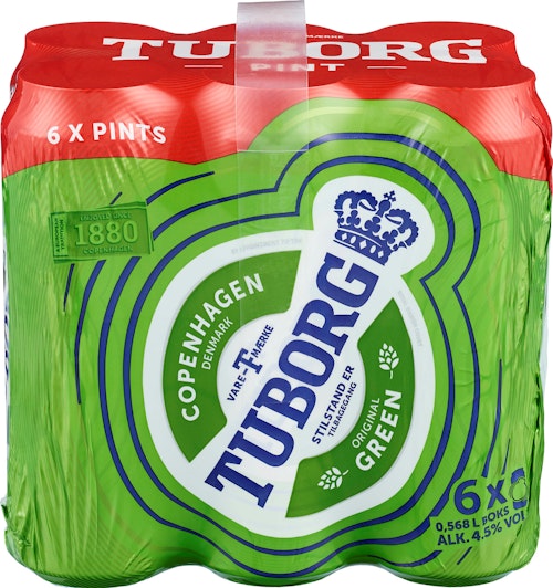 Bilde: © Tuborg / Kolonial.no Tuborg Tuborg Grøn Pint Boks, 6 x 0,54l, 3,4 l