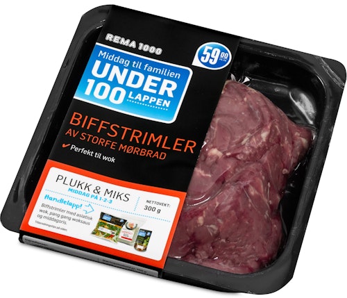 Bilde: © REMA 1000 / Kolonial.no REMA 1000 Storfe Biffstrimler 300 g