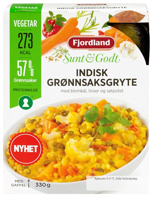 Bilde: © Fjordland / Kolonial.no Fjordland Indisk grønnsaksgryte Vegetar, 330 g