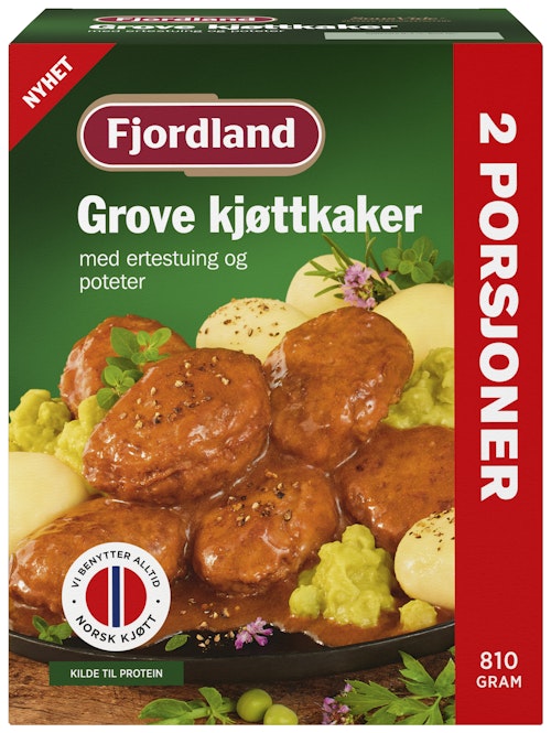Bilde: © Fjordland / Oda Fjordland Grove Kjøttkaker i Brun Saus Med Poteter & Ertestuing, 810 g