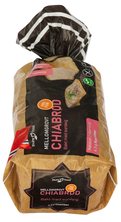 Bilde: © Pure Food / Kolonial.no Pure Food Chia Brød Skåret, Glutenfri, Fryst, 500 g