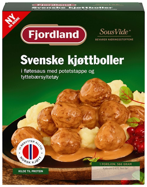 Fjordland Svenske Kjøttboller I fløtesaus med potetstappe og tyttebærsyltetøy