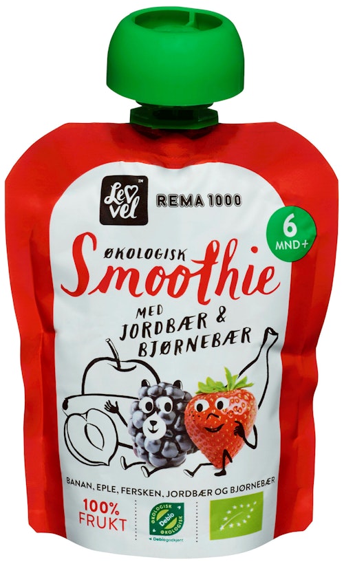 Bilde: © REMA 1000 / Kolonial.no REMA 1000 Lev Vel Smoothie Jordbær & Bjørnebær Fra 6 mnd, 90 g