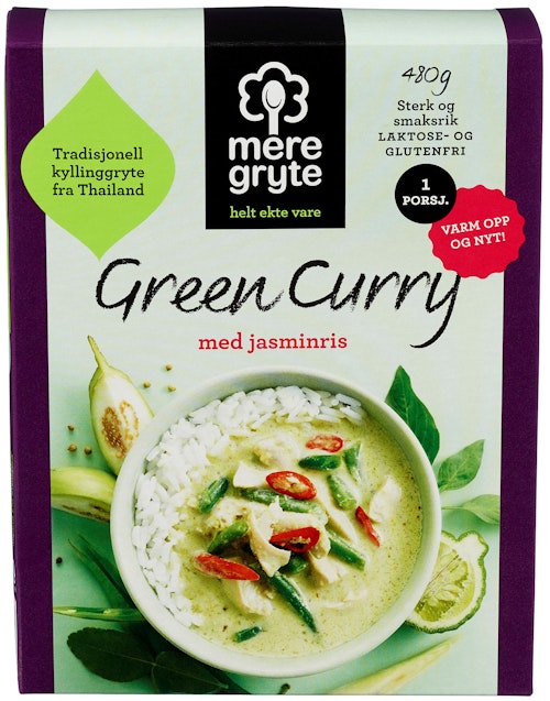 Bilde: © Mere Gryte / Kolonial.no Mere Gryte Green curry Gryte med jasminris 480 g