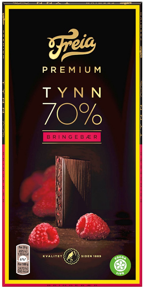 Bilde: © Freia / Kolonial.no Freia Premium 70% Bringebær 100 g