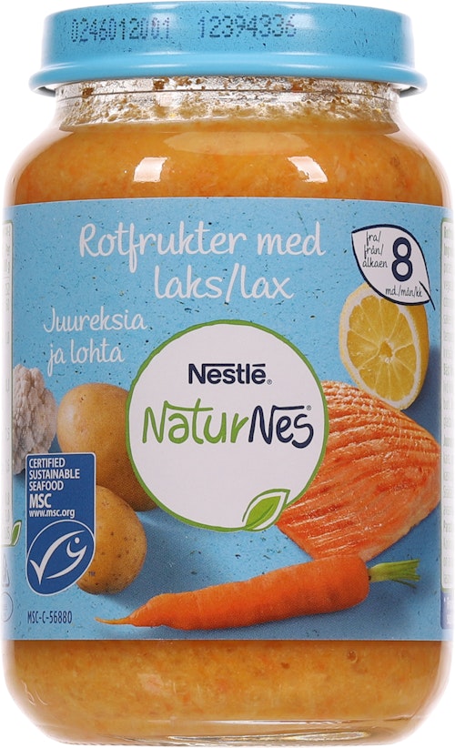 Bilde: © Nestlé / Oda Nestlé NaturNes Rotfrukter med Laks Fra 8 mnd
