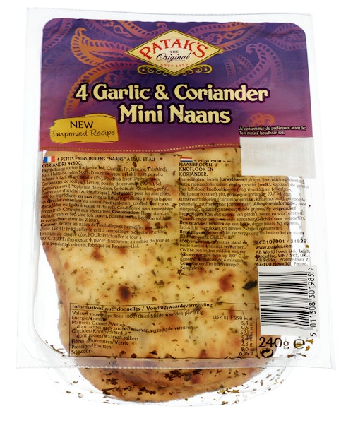 Bilde: © Patak's / Kolonial.no Patak's Naanbrød Mini med Hvitløk & Koriander 4 stk, 240 g