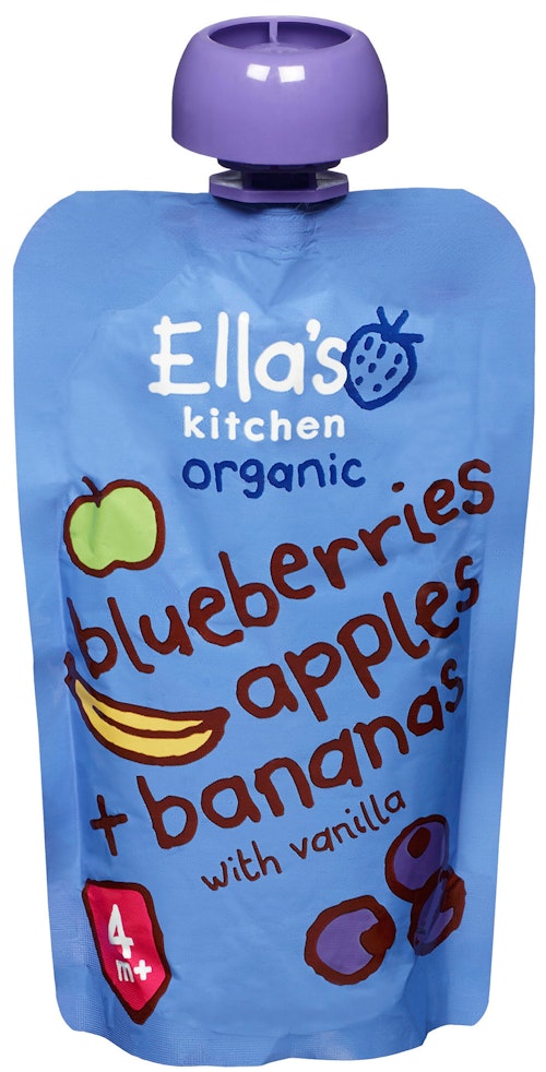 Bilde: © Ella's Kitchen / Kolonial.no Ella's Kitchen Blåbær Eple Banan+Vanilje Fra 4 mnd, 120 g