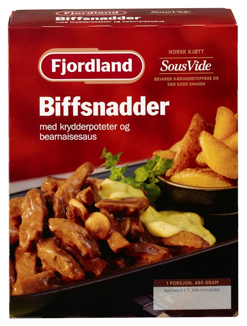 Bilde: © Fjordland / Kolonial.no Fjordland Biffsnadder med Krydderpoteter & Bearnaisesaus 490 g