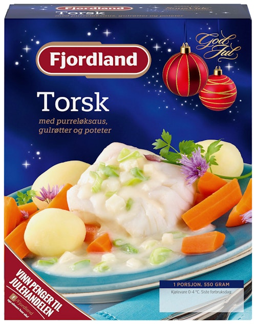 Bilde: © Fjordland / Kolonial.no Fjordland Torsk i Purreløksaus med Gulrøtter og Poteter 550 g