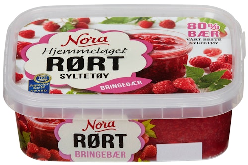 Bilde: © Nora / Kolonial.no Nora Bringebærsyltetøy Rørte, frosset, 280 g