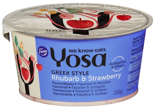 Bilde: © Yosa / Kolonial.no Yosa Havresnacks Greek Style Rabarbra & Jordbær 150 g