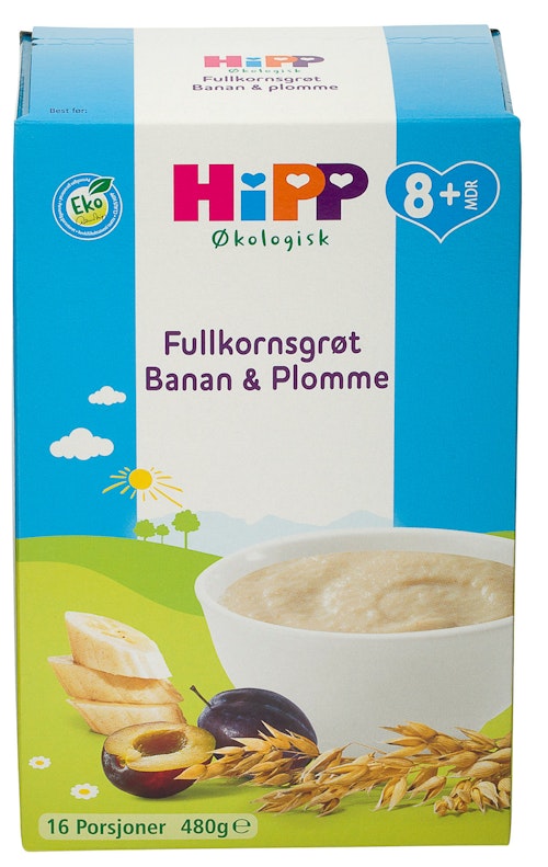 Bilde: © Hipp / Kolonial.no Hipp Mild Fullkornsgrøt med Banan & Plomme Fra 8 mnd, 16 porsjoner, 480 g