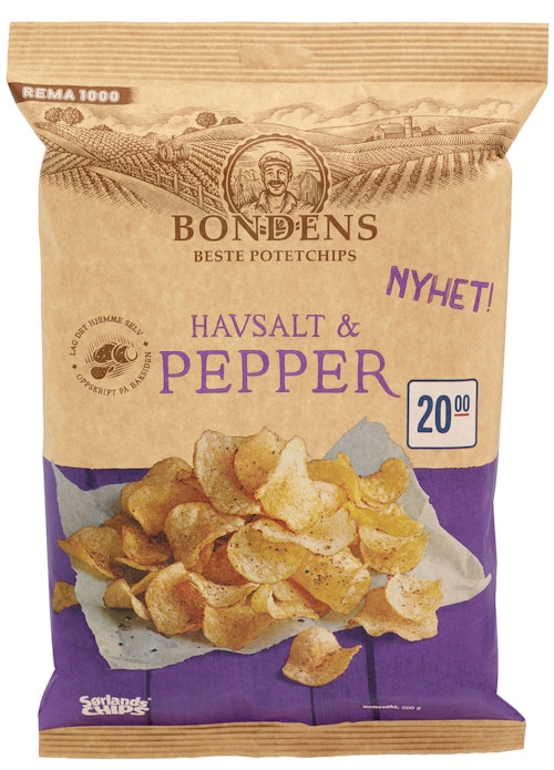 Bilde: © Sørlandschips / Kolonial.no Sørlandschips Bondens Beste Havsalt & Pepper 200 g