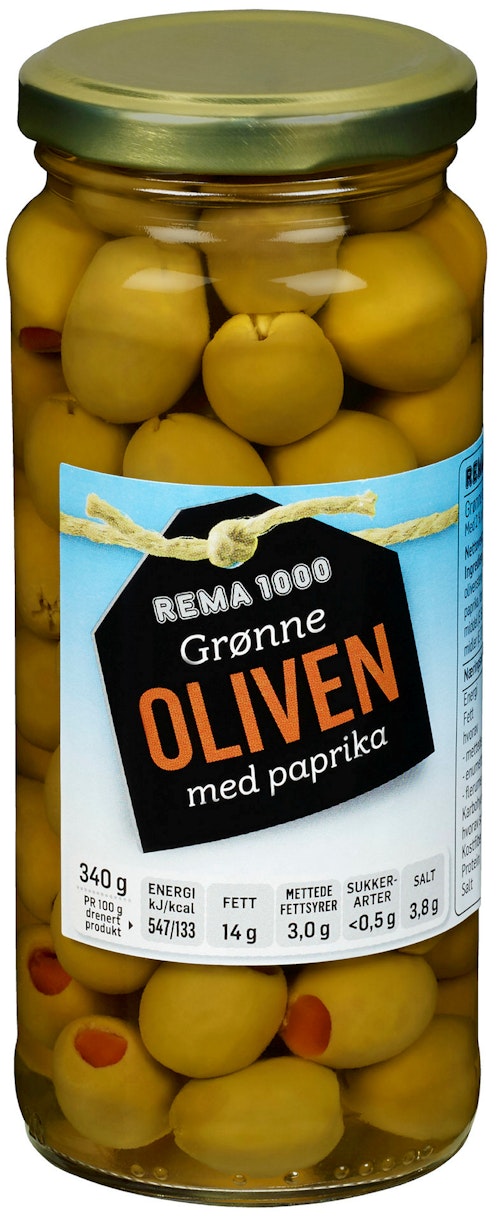 Bilde: © REMA 1000 / Kolonial.no REMA 1000 Grønn Oliven Med Paprika 340 g