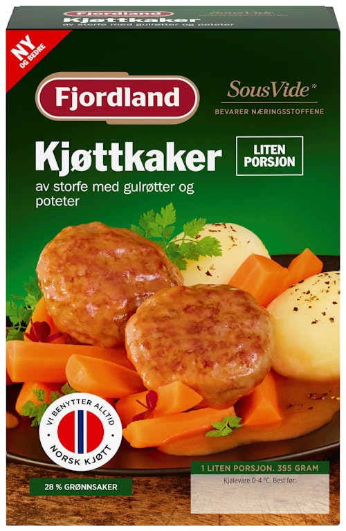 Bilde: © Fjordland / Kolonial.no Fjordland Kjøttkaker med Gulrøtter og Poteter Liten Porsjon, 355 g
